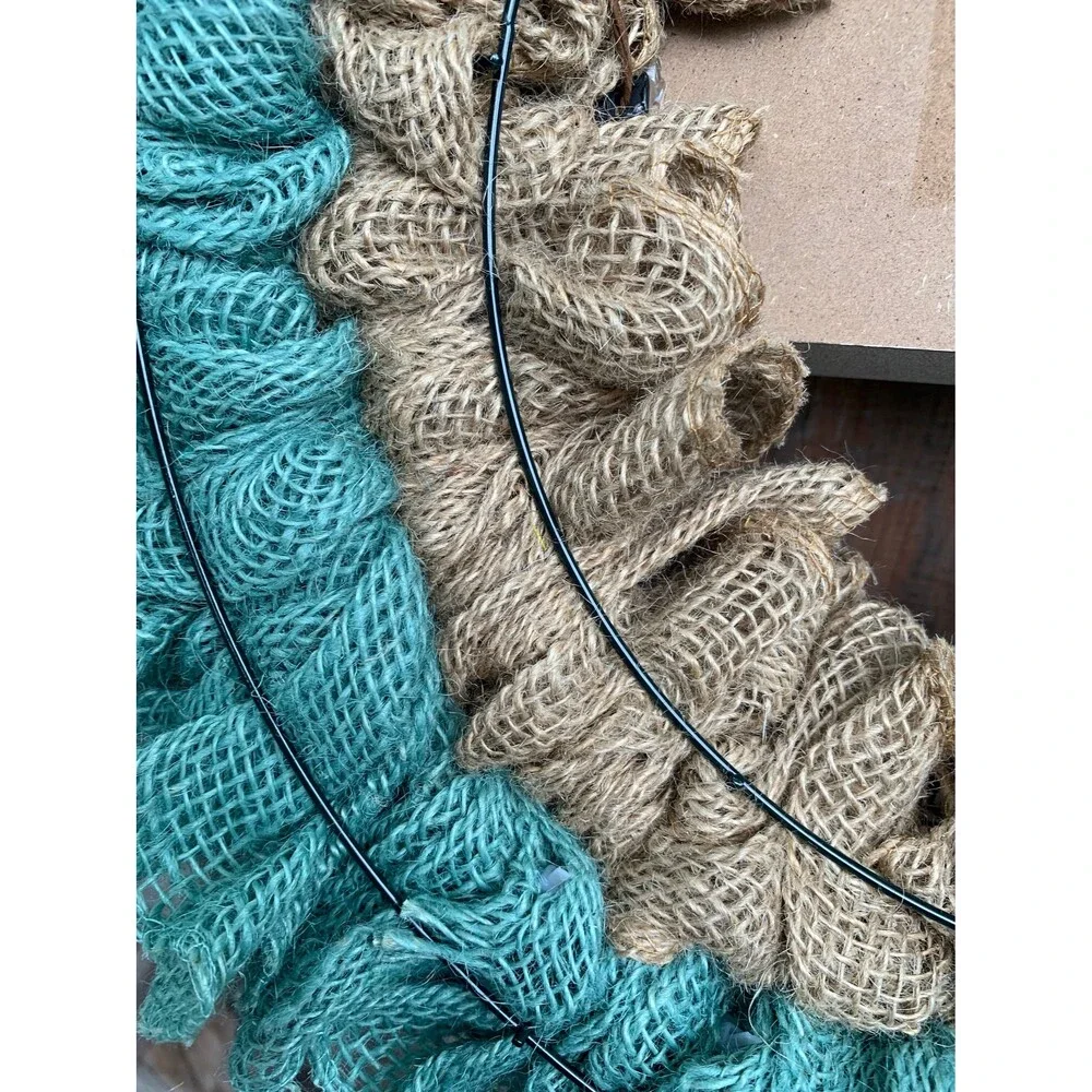 Beachy Coastal WELCOME Wreath Ruffle Aqua/Natural Bulap & Seashells Handmade New
